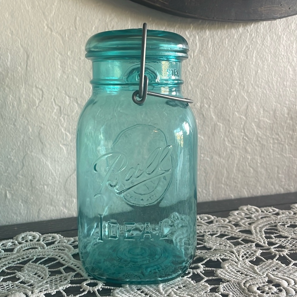 Vintage blue Ball Ideal mason jar with wire closure